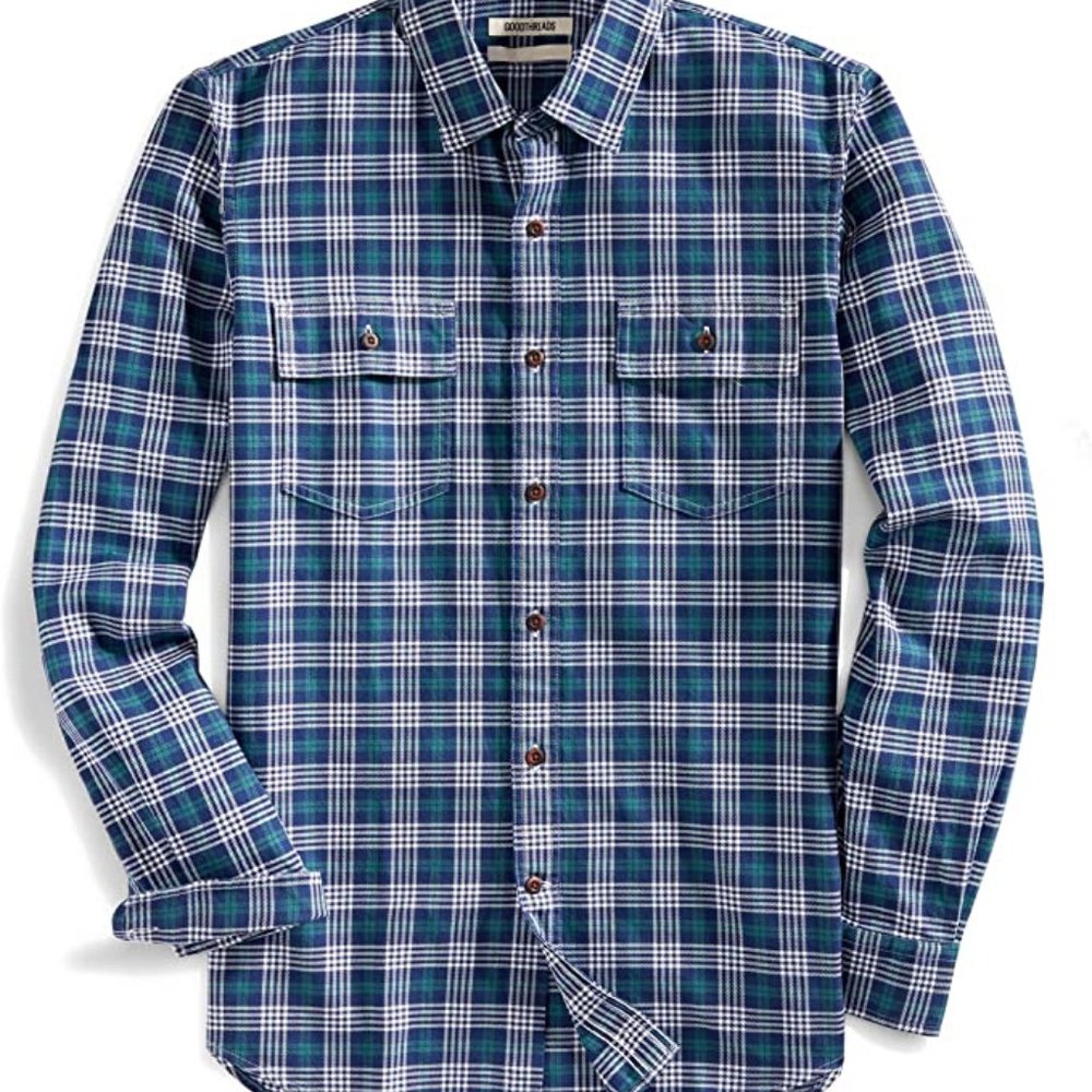 Goodthreads Men's Slim Fit Long Sleeve Plaid Twill Shirt Blue